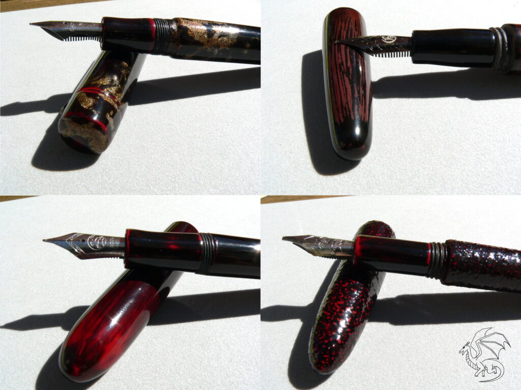 Seirei-nuri (pen: Osprey Milano, ebonite), Hakame-nuri (pen: Genesis Asphalt, 3D printed resin), Negoro-nuri (pen: Ruth Bolton, ebonite) and Ishime inspired urushi & sand (pen: Artisan Classic, ebonite)